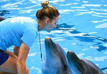 girl, trainer with  dolphins.