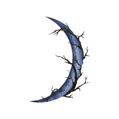 Crescent with flowers, dry branches and rose leaves. Watercolor illustration isolated from the background. Hand drawn Gothic style and Esoteric design. Astrology, poster, textile, logo, print product
