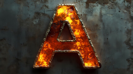 A 3d glass letter a, with a textured amber effect, on a grunge metal background. Amber. Illustration