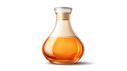A clear glass bottle containing a liquid hand sanitizer in a warm, golden amber hue is nestled against a pure white background. Amber. Illustration