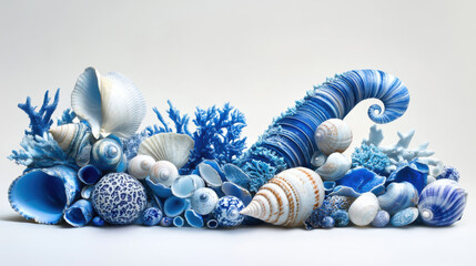 A cascade of bright blue seashells and coral pieces, arranged artfully into an elegant curve, intricate textures and ocean-inspired patterns, clean white background for contrast, sharp focus with vivi