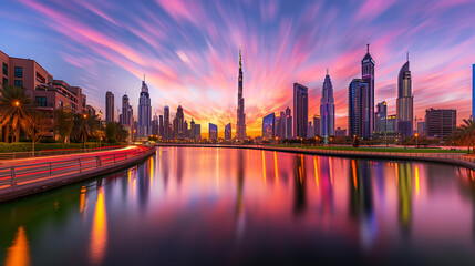 Fototapeta premium Futuristic Urban Sunset Landscape in the Middle East, with Modern infrastructure, advanced technology, and architectural prowess, capturing a sense of progress and luxury