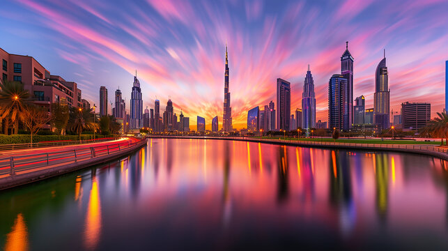 Futuristic Urban Sunset Landscape in the Middle East, with Modern infrastructure, advanced technology, and architectural prowess, capturing a sense of progress and luxury