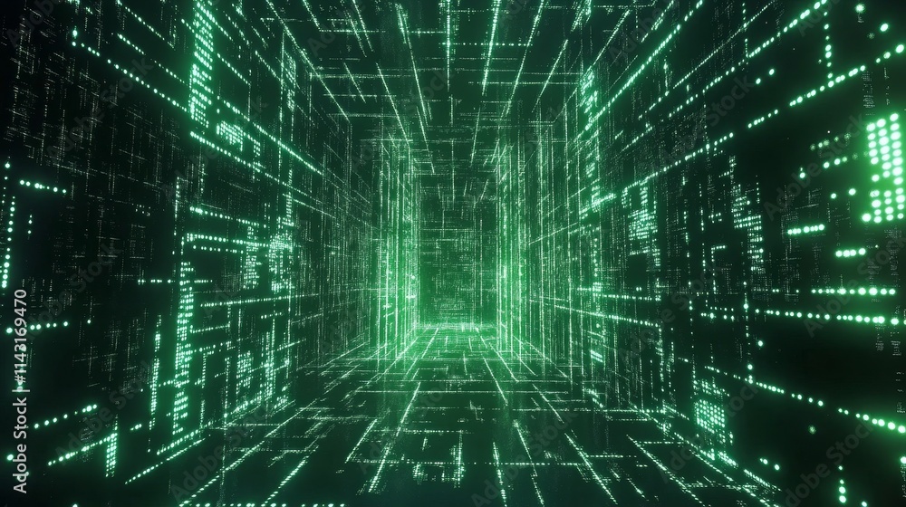 Poster a captivating green digital data stream that embodies advanced technology and visions of an exciting