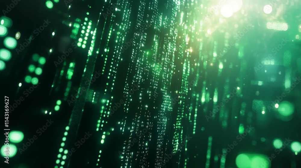 Poster a captivating green digital data stream that embodies advanced technology and visions of an exciting