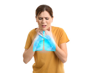 Woman with asthma coughing on white background. Illustration of lungs