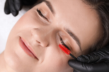 Eyelash extension procedure. Esthetician combing woman's lashes with brush in beauty salon, closeup
