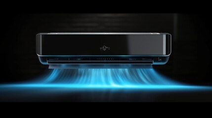 Modern air conditioning unit releasing a glowing stream of cool blue air, set against a sleek, dark background, ideal for futuristic and technology-related themes. AI generated.