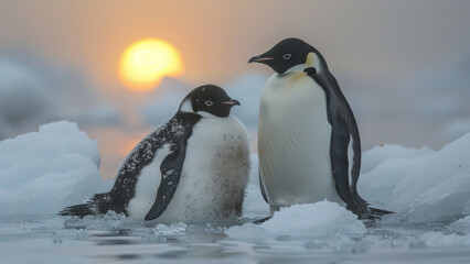 Fototapeta premium Group of Emperor Penguins in Snow at Sunset