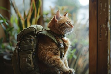 Ginger cat wearing a hiking backpack is looking out the window