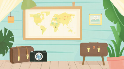 Fototapeta premium A whimsical summer road trip banner featuring a map, suitcase, camera, and travel icons in a flat design style, evoking a sense of adventure, fun, and exploration on a summer journey.
