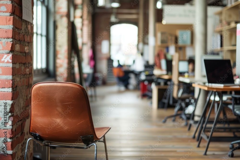 Poster empty chair is standing in an open space office with blurred people working in the background