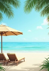 Two wooden lounge chairs sit beneath a straw umbrella on a sandy beach. The tranquil sea reflects a bright blue sky, while palm trees sway gently in the breeze. Ideal for relaxation. Generative AI