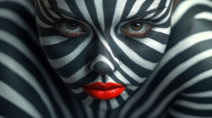 A model showcases unique body art featuring bold black and white stripes, complemented by vibrant red lips. The close-up highlights intricate details and artistic expression