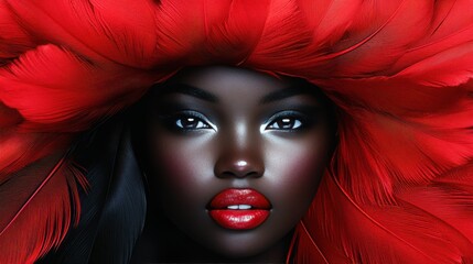 A striking individual with dark skin and vibrant red feathers framing the face captures attention with bold red lipstick. The setting reflects cultural richness and artistic flair