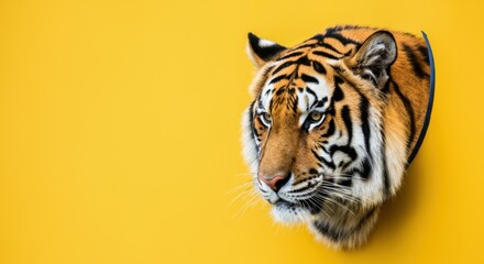 Fototapeta premium Close-up of tiger's head against vibrant yellow background