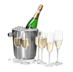 Champagne and bucket with ice isolated on white