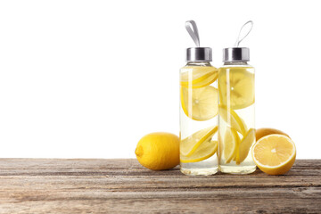Lemon water in bottles and fresh fruits on wooden table against white background, space for text