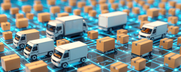 Obraz premium AI-driven cold chain logistics system for global distribution. Trucks, boxes move on network of connections. Shows precision healthcare transportation. Real-time tracking of goods across