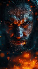 Intense close-up portrait of a perspiring individual with fiery sparks creating an aura of determination and focus in a dramatic setting