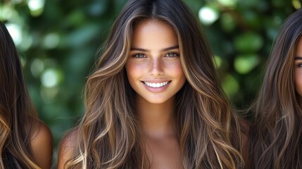 Obraz premium A young woman with long, flowing hair stands outdoors, smiling confidently while surrounded by vibrant green foliage. The bright sunlight enhances her joyful expression