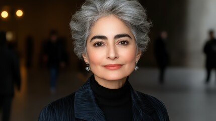 Fototapeta premium A sophisticated woman stands confidently in a bustling urban area, showcasing her silver hair and elegant attire. The atmosphere is vibrant, reflecting the evening energy