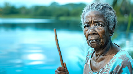 Elderly African American woman with a sad expression holding a stick by a serene lake. Concept of aging, contemplation, solitude, and nature's tranquility