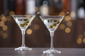 Martini cocktail with olives in glasses on wooden table against blurred background. Bokeh effect