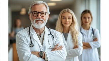 Three healthcare professionals pose confidently in a well-lit hospital corridor. They represent diverse expertise and commitment to patient care in a supportive environment