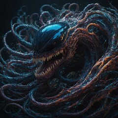 A swirling, iridescent mass of pulsating sound waves, the eerie surreal sonic symbiote is a creature of unknown origins and unsettling beauty. This creature is depicted in a digital painting, 