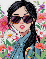 Fototapeta premium Illustration of a girls in sunglasses,background with flowers, colorful bloom, collection, with white tones