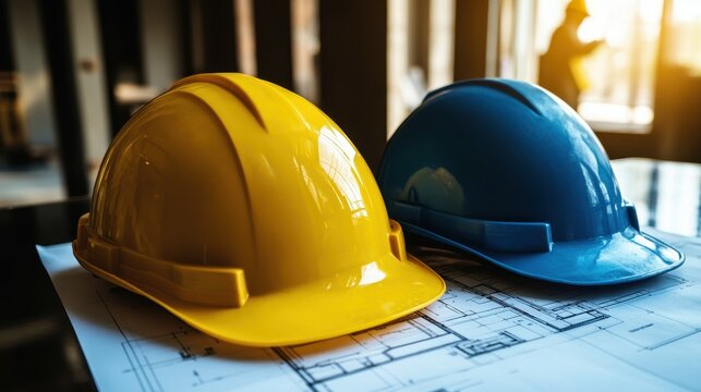 Yellow and blue hard hats rest on detailed architectural plans at a construction site. A worker is visible in the background, with sunlight casting a warm glow