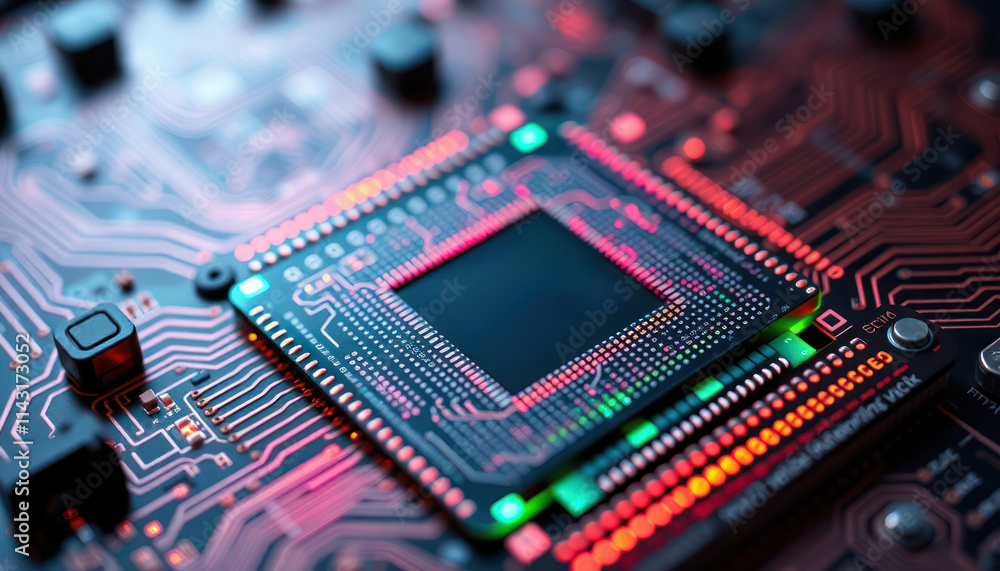 Poster extreme closeup view of quantum processor chip. superconducting qubits and quantum computing archite