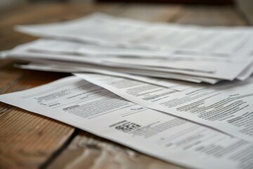 Stack of paperwork with fine print sits on a wooden table, awaiting someone to sort through it