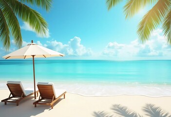 Obraz premium Two wooden lounge chairs sit beneath a straw umbrella on a sandy beach. The tranquil sea reflects a bright blue sky, while palm trees sway gently in the breeze. Ideal for relaxation. Generative AI