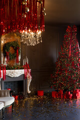 An Elegant Holiday Living Room featuring a beautiful Christmas Tree and vibrant Red Decor