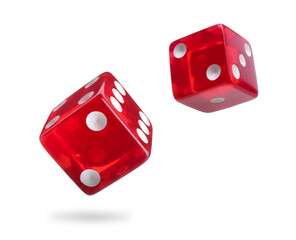 Two red dice in air on white background