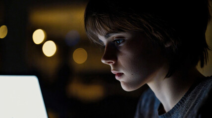 A young entrepreneur working late in a modern office, their face illuminated by the glow of a laptop screen, showcasing deep concentration and determination as they work towards their goals.

