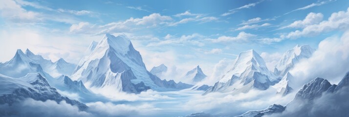 Fototapeta premium Majestic Snow-Capped Mountain Range Under a Clear Blue Sky with Dramatic Clouds Lining the Horizon, Capturing the Serenity and Grandeur of Nature's Splendor and Vastness