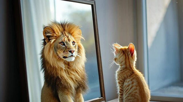 Lion's Reflection: A majestic lion gazes at its reflection, a playful kitten mirroring its image.  A whimsical juxtaposition of power and innocence, evoking themes of self-discovery and potential. 