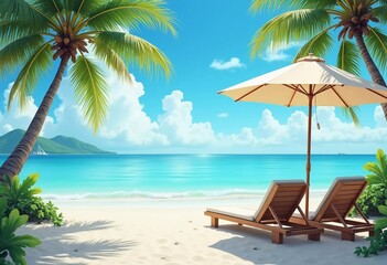 Obraz premium Two wooden lounge chairs sit beneath a straw umbrella on a sandy beach. The tranquil sea reflects a bright blue sky, while palm trees sway gently in the breeze. Ideal for relaxation. Generative AI
