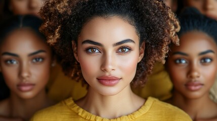 Obraz premium A woman with voluminous curly hair stands confidently at the forefront, her warm smile capturing attention, while others with serene expressions create a supportive backdrop