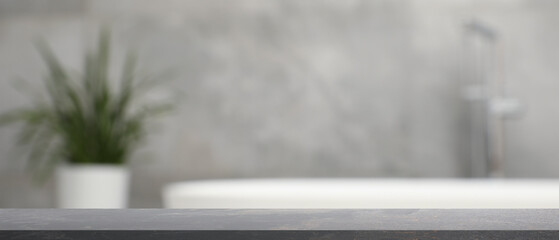 Empty table in bathroom, blurred background. Space for design