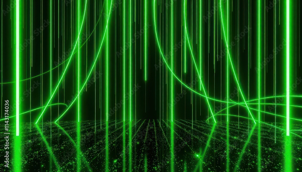 Poster abstract neon green lines fall from dark space. dynamic light patterns create futuristic scene. brig