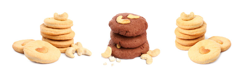 Tasty cookies with cashew nuts isolated on white, set