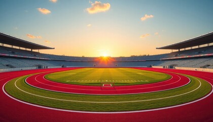 Empty stadium with running track at sunset. Bright red running lanes circle green grass field. Empty seats in stands. Perfect loop around field. Open sky with clouds. Athletic facility. Ideal for