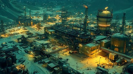 Obraz premium Night aerial view of illuminated industrial refinery complex in snowy mountains.