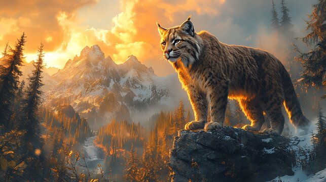 Majestic bobcat standing on a rock overlooking a stunning sunset mountain landscape.