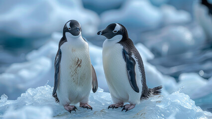 Obraz premium Pair of Gentoo Penguins Standing on Snowy Antarctic Landscape