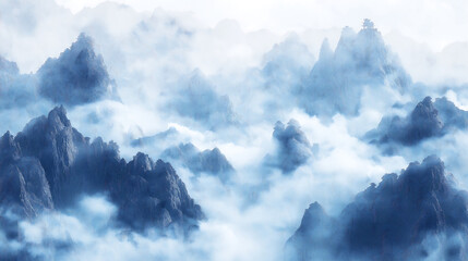 Fototapeta premium Chinese style, furry fluid, minimalism, clean image, streamlined depiction of mountains, plants, and Chinese architecture